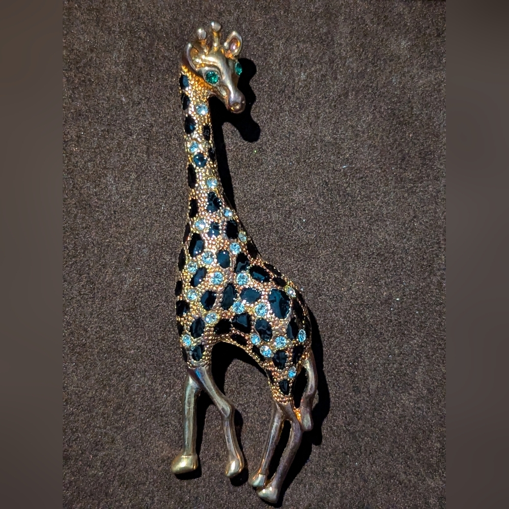 Elegant Black & Gold Giraffe Brooch With Clear & Green Rhinestones